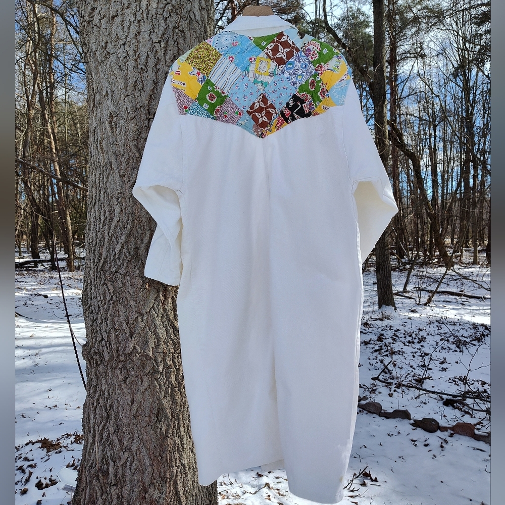 White Quilted Duster Jacket Upcycled Patchwork KAS Originals 80s Cotton One Size - Picture 2 of 16